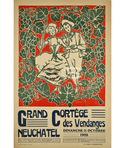 FÊTES NEUCHATEL VENDANGES 1908 Rbzx-POSTER/REPRODUCTION d1 AFFICHE VINTAGE rembourrage situé sous