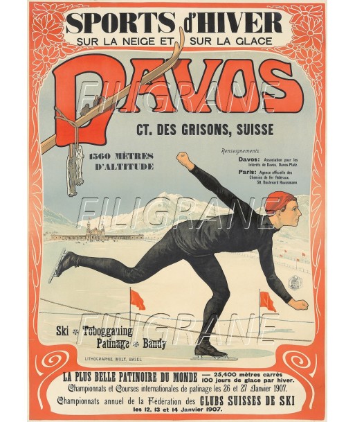 SPORTS d'HIVER DAVOS PATINAGE Rpmp-POSTER/REPRODUCTION d1 AFFICHE VINTAGE des créatures d'habitude